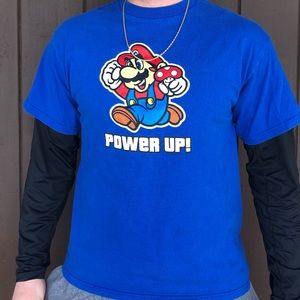 2000s Mario Power up Nintendo blue tee shirt